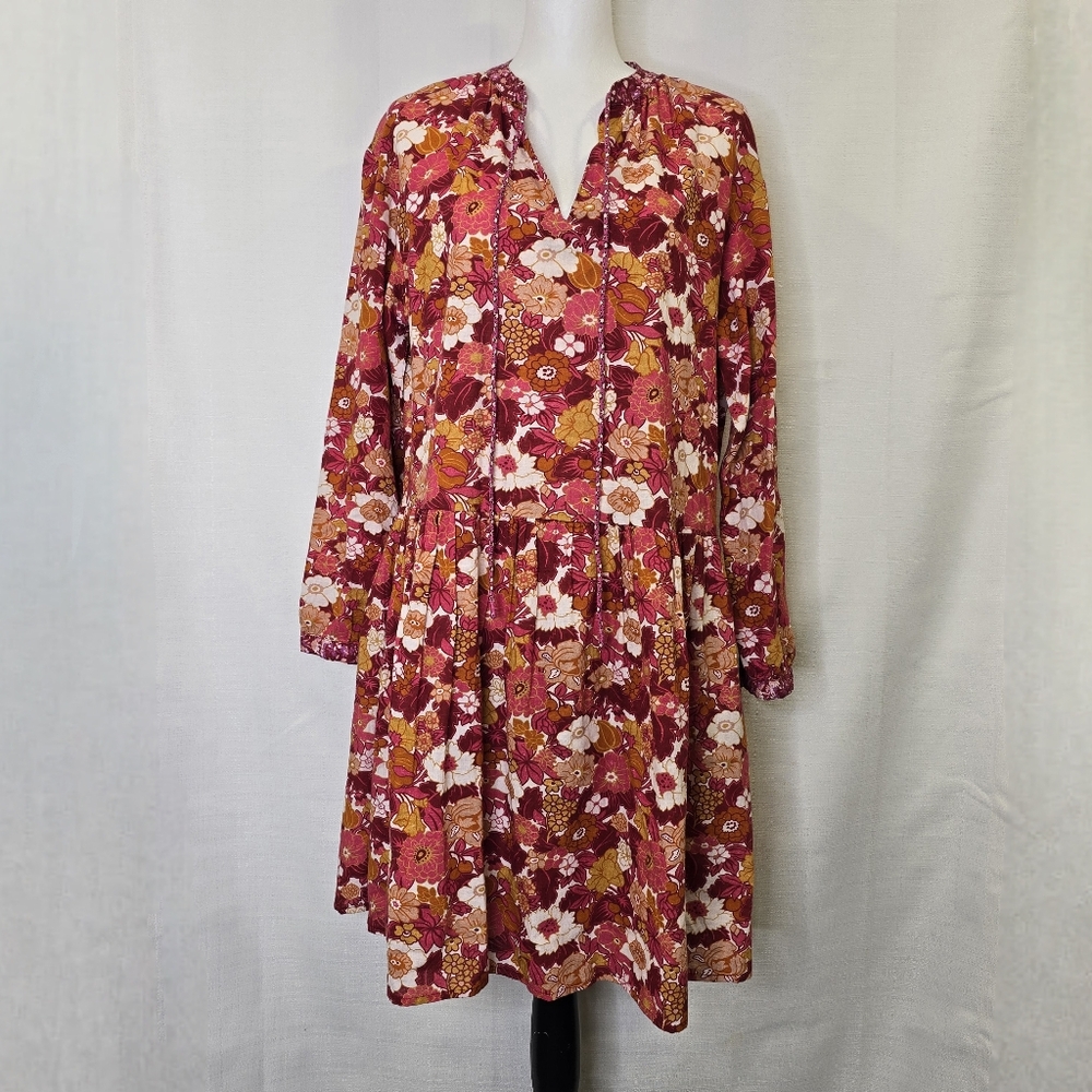 D’ascoli Lulu Dress Size Small Floral Print Cotton Boho Midi Notched Tie Neck - Picture 2 of 15